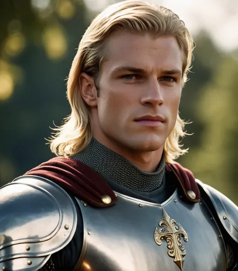 cinematic film still 1male, Royal Knightsï¼muscle male, hair blonde male, Gorgeous heavy armor wraps the whole bodyï¼Point the Knight's Sword to the skyï¼sportraitï¼closeup cleavageï¼Solemnï¼flatchestï¼modestï¼humbleï¼Cinematic, hdr, primitive, Intricate, High quality, Gorgeous shades, Intricate details, super-fineï¼ . shallow depth of field, vignette, highly detailed, high budget, bokeh, cinemascope, moody, epic, gorgeous, film grain, grainy