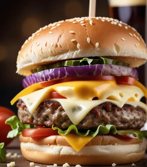 food photography photo of a burger with cheese, maximum detail, foreground focus