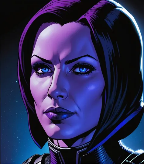 female shepard, close up portrait, high detail, purple, black, blue, comic book