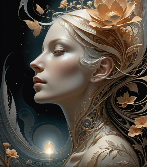 style of Aaron Horkey & Anne Bachelier fusion, Poster close-up, A delicate (tiny woman:0.8), illuminated by a (fast light void:1.5) revealing her intricate details and hidden beauty in a surreal landscape filled with (ethereal flora:1.2).