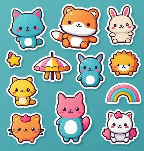 Design a collection of cute kawaii stickers with different fun motifs and figures. Cute cartoon animals kawaii funny splash retro vintage logo