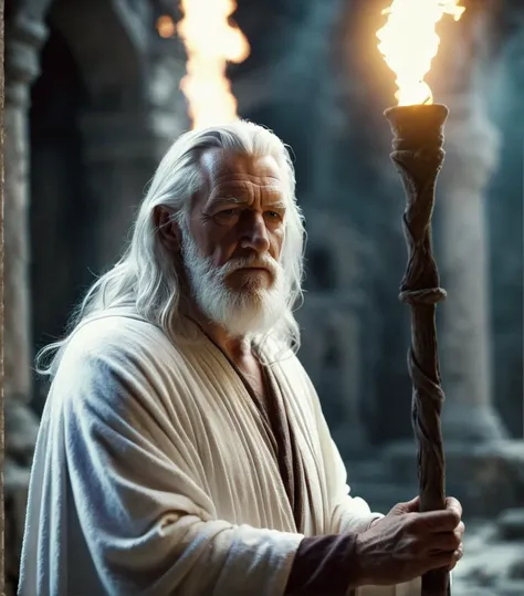 cinematic film still 1male, magv1ll, old wizard, white robe, holding staff, ruins, glow, magic, hair white old . shallow depth of field, vignette, highly detailed, high budget, bokeh, cinemascope, moody, epic, gorgeous, film grain, grainy