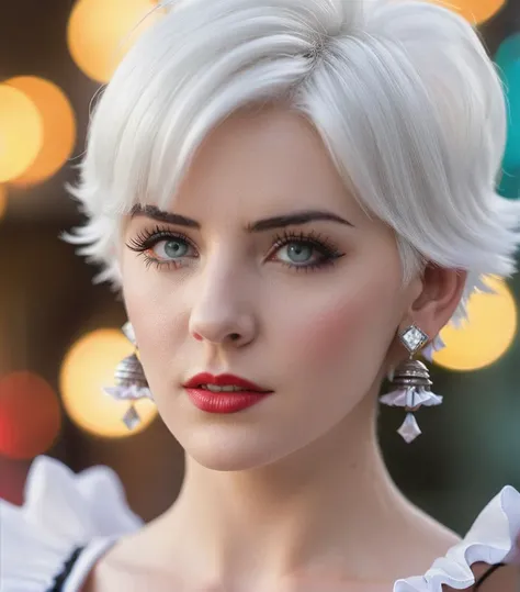 old woman hair white, 3d, blurry, blurry background, blurry foreground, bokeh, chromatic aberration, cosplay photo, depth of field, earrings, eyelashes, focused, frills, jewelry, lips, looking at viewer, motion blur, photo \(medium\), photorealistic, realistic, short hair, solo, solo focus, upper body, white hair