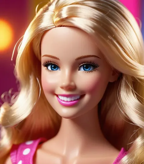 style Doll, barbie, hair blonde, smile, realistic, HD, 8k, . Vibrant, fantasy, detailed, epic,