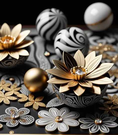 Minimalist style Zentangle flowers, Bling, gold, HD, Photo, in Marbles, Puzzle, Toy, table, Highly Detailed, movie, (Cinematic Photo:1.3) of (Realistic:1.3) . Intricate, abstract, monochrome, patterns, meditative, highly detailed . Simple, clean, uncluttered, modern, elegant