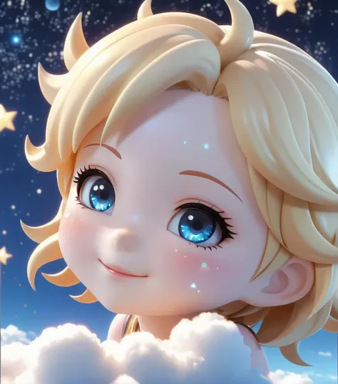 chibi, constellation, (1girl, solo:1.2), (chibi:1.3), eyeliner, eyelashes, looking at viewer, (shiny skin:0.16), (pale skin:0.33), (body blush:0.38), eyes beautiful, anime , realistic, masterpiece, best quality, movie still, cloud girl, floating in the sky, (close-up:1.1), bright, happy, fun, soft lighting