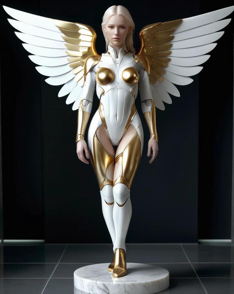 A statue made of white marble with gold veins, of an beautiful gorgeous futuristic cybernetic angel girl, prostheses, transhumanism, full body shot, perfect symmetrical body, perfect symmetrical face, hyper realistic, hyper detailed, by johannen voss, by peter kemp, by monia merlo, by michelangelo, octane render, blender, 8 k