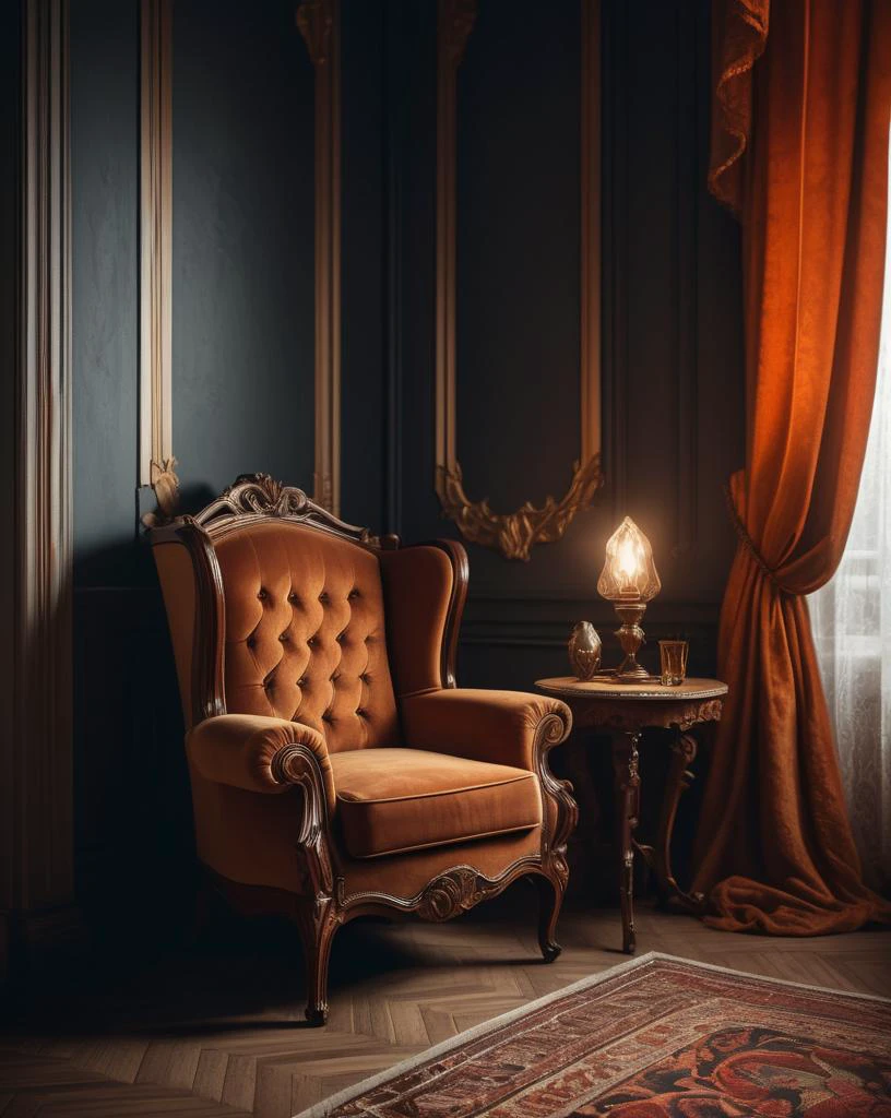 Gothic style (Cinematic Photo:1.3) of (Ultrarealistic:1.3),(Romantic:1.3) Hyperrealistic art 1985s, 8k, best quality, real picture, intricate details, ultra-detailed, ultra realistic, depth field,(photo realistic,realistic:1.3), masterpiece, single arm chair with vertical led lighting without any lamp, some book at area, realistic, white cosy bedroom ambiance . Extremely high-resolution details, photographic, realism pushed to extreme, fine texture, incredibly lifelike,Highly Detailed,(Baroque Art:1.3),(Art Nouveau:1.3),(70s Art:1.3),propaganda poster,soviet poster,sovietwave . Dark, mysterious, haunting, dramatic, ornate, detailed