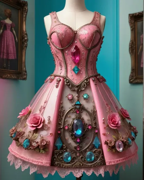 A dress transparent, glass, pink, gem, details, detailed scene, magical items, highly detailed scene, masterpiece, 3D, sculptural, textured, handmade, vibrant, fun, Textured, distressed, vintage, edgy, dirty, noisy