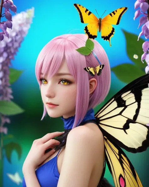 1girl, aircraft, airplane, animal, animal on head, animal on shoulder, antennae, bare shoulders, bat, bee, beetle, bird, bird on hand, bird on head, bird on shoulder, birdcage, blue butterfly, blue feathers, blue wings, blurry, blurry background, blurry foreground, branch, bug, butterfly, butterfly hair ornament, butterfly net, butterfly on hand, butterfly print, butterfly wings, cherry blossoms, cleavage, clover, crow, daisy, dandelion, deer, depth of field, dove, dragonfly, eternity larva, fairy, fairy wings, fighter jet, flower, flying, four-leaf clover, garden, ginkgo leaf, glowing butterfly, goldfish, green eyes, gwendolyn \(odin sphere\), hair ornament, hand net, hydrangea, ice wings, insect wings, jet, kashiwazaki sena, kochou shinobu, koi, ladybug, lily \(flower\), lily pad, lizard, logo, looking at animal, lotus, mercy \(overwatch\), mikazuki yozora, motion blur, multicolored wings, nose, on head, origami, paper crane, parrot, pigeon, pink flower, pink hair, pink wings, pinwheel, plant girl, purple flower, rainbow, saigyouji yuyuko, saint quartz \(fate\), short hair, shuriken, silk, solo, sparrow, spider, spider web, spring \(season\), squiggle, squirrel, tree, uruha rushia, white butterfly, white flower, wings, wisteria, yellow butterfly, yellow flower
