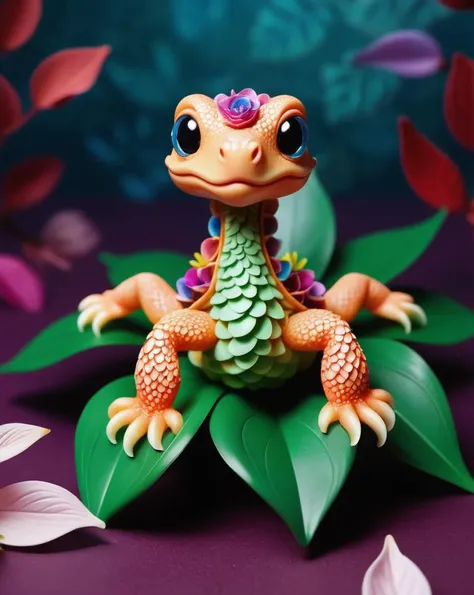 illustrious, Darling, kraken hatchling made of ral-glydch and rlyehstyleai, dancing on leaves and flower petals, whimsical, intricate details, colorful, magical, realism, hyperrealistic