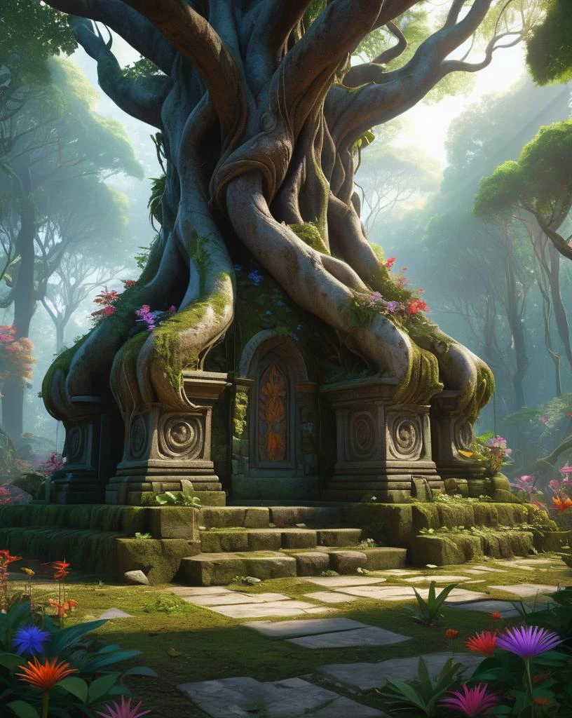ancient marble altar in fairy forest, random beautiful jungle, knotted roots, vibrant colors, gnarled trees, fractal lush vegetation, natural sunlight, intricate details, realistic digital art, <lora:epiNoiseoffset_v30:1>, many mess tiny colorful flowers, (oversaturate:1.2), by Jean-Baptiste Monge, Gilles Beloeil, Tyler Edlin, Marek Okon, Pixar, album art, comic style, golden ratio, perfect composition, a masterpiece, trending on artstation