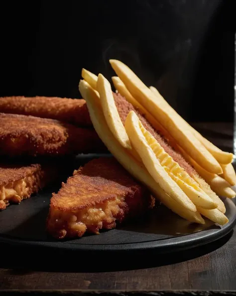 fries and milanesas ,food , intricate detail ,dark background , HD. Photograph , in table((realism)), extremely high quality RAW photograph, ultra detailed photograph, sharp focus, high resolution, (detailed skin:1,3),high quality, film grain, Fujifilm XT3,Highly Detailed, movie, (Cinematic Photo:1.3) of (Realistic:1.3)