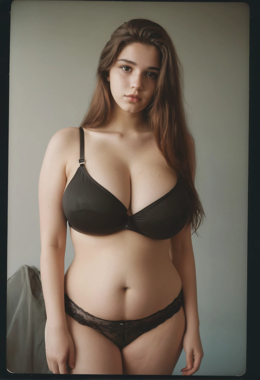 a 21yo woman with a perfect body and long brown hair wearing a black soft bra, a polaroid photo by Bela ikoa Sesija, trending on cg society, (huge sagging breasts), without makeup, sexy girl with dark brown hair, buxom
