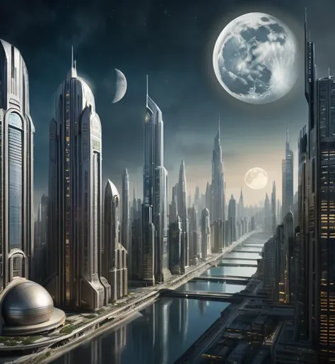 photorealistic movie, concept art of metropolis city a futuristic city with a giant moon in the background, digital artwork, illustrative, painterly, matte painting, highly detailed