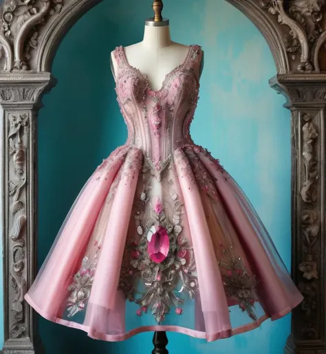 A dress transparent, glass, pink, gem, details, detailed scene, magical items, highly detailed scene, masterpiece, 3D, sculptural, textured, handmade, vibrant, fun, Textured, distressed, vintage, edgy, dirty, noisy