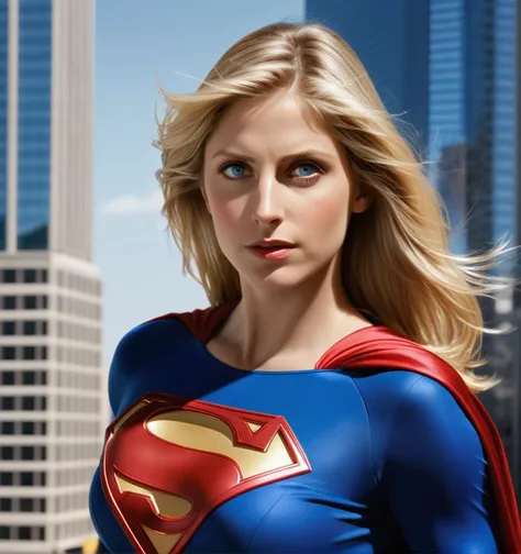 Photo of Helen Slater is Supergirl , hero, hair blonde, cape red, skirt red, boot red , hero suit texture, light((masterpiece)), ((best quality)), (ultra-detailed), absurdres, extremely detailed CG unity 8k wallpaper,Accurate describe shapes, (realistic), beautiful face, detailed hands, expressive eyes, upper body, ((close-up)), solo, city, scenery, dramatic light, (standing, superhero) , ((masterpiece)), absurdres, HDR, building,