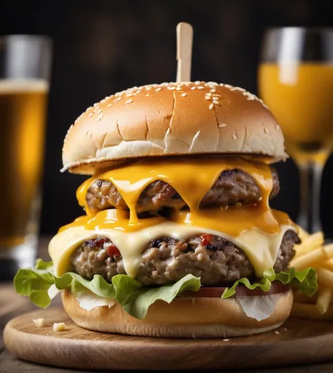 food photography photo of a burger with cheese, maximum detail, foreground focus