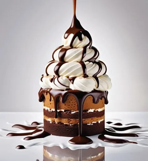 cake chocolate, liquid splashes, intricate detail, model shoot style, dreamlike art, dramatic lighting. 8k, highly detailed, cake ice cream white . digital artwork, illustrative, painterly, matte painting, highly detailed .