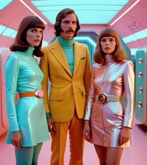 4k image from a 1970s science fiction film, imagem real, Estilo Wes Anderson, pastels colors, a man between two women wearing retro-futuristic fashion clothes and futuristic technological ornaments and devices, Luz Natural, cinemactic, Psicodelia, futurista estranho, retro-futurista,