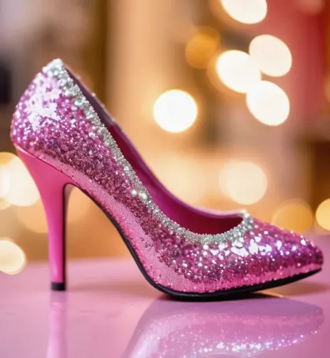 a photography, HD, shoe woman , glitter ornate, pink, blurry, blurry background, depth of field, ornate, mdjrny-v5, photo, (realistic:1.3), 8k,