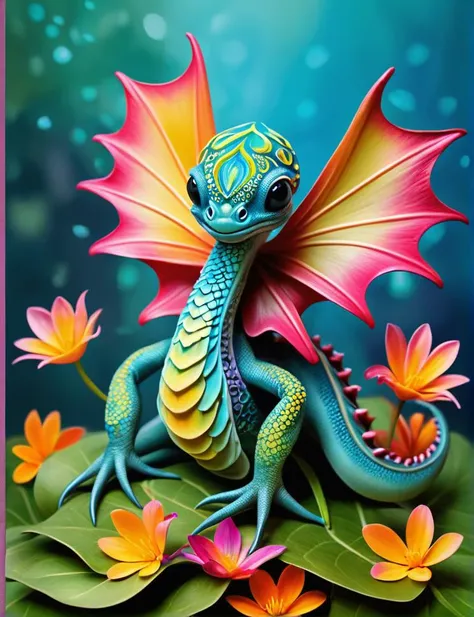 illustrious, Darling, kraken hatchling made of ral-glydch and rlyehstyleai, dancing on leaves and flower petals, whimsical, intricate details, colorful, magical, realism, hyperrealistic