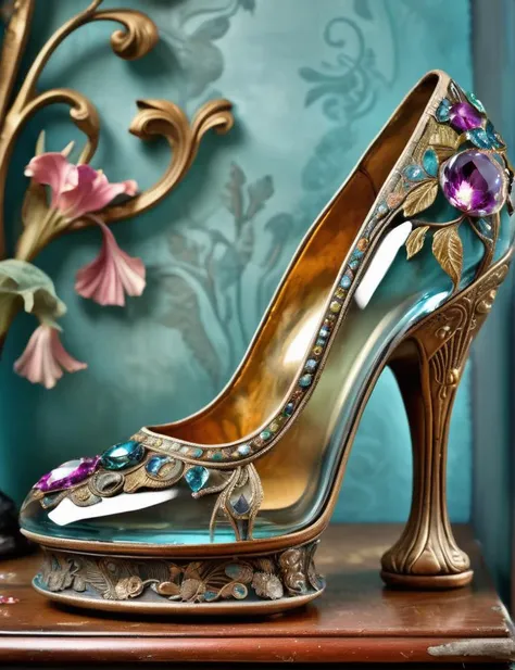 shoes transparent, gem, details, detailed scene, magical items, highly detailed scene, masterpiece, 3D, sculptural, textured, handmade, vibrant, fun, distressed, vintage, edgy, textured vibe, dirty, noisy, ornate Art Nouveau