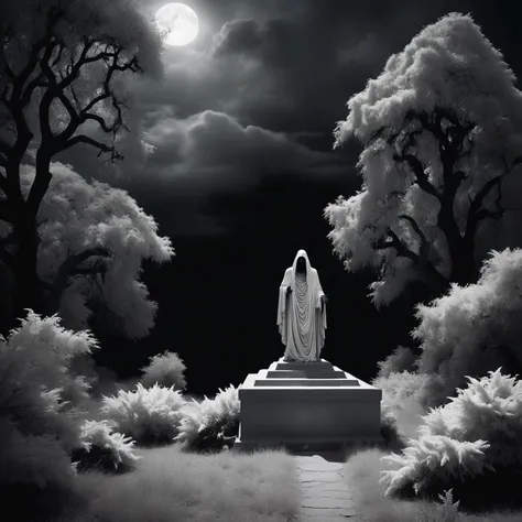 modernist photo representing An eye-catching infrared photograph depicting a prophecy for a fantasy, the curse of a vivid mind in black and white, shot with black and white infra film, dark sky, light-toned vegetation, A statuesque figure cloaked in shadows, standing guard over a forgotten tomb., minimalistic, strong lines