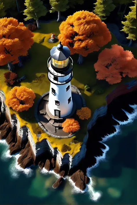 a view of a rocky beach with a lighthouse in the distance, aerial view of an ancient land, dramatic dark forest scenery, yellow seaweed, film still from dune 2020, coral reefs, ultra high detail ultra realism, in scene in twin peaks, roots underwater, autumn maples, golden and blue hour, closeup cinematic aquatic scene, moss ball, tree town