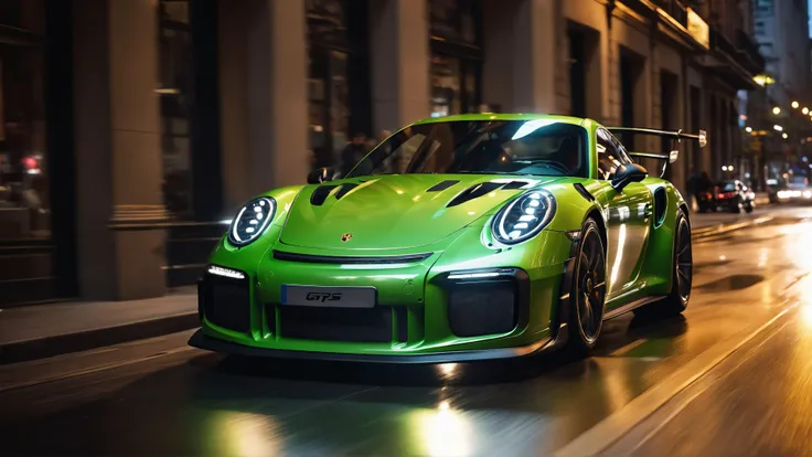 cinematic film still Dynamic street level low angle hyper detailed photo of , (metallic lime green wide body Porsche 911 GT2 RS, black tinted windows and carbon wheels on a neon lit city street:1.3),  taking part in a street race, Dynamic composition, Sleek racing cars, Glistening wet road, (Vibrant neon lights:1.2), Reflections, Speed blur, Electric atmosphere, Urban excitement, (Intense mood lighting:1.2),  sense of speed and power, motion blur on the wheels, glare from the headlights, silhouette of the driver, Bold colors, Racing energy, speed trails, great lighting. <lora:great_lighting:0.6>   <lora:detailed_notrigger:0.4> . shallow depth of field, vignette, highly detailed, high budget, bokeh, cinemascope, moody, epic, gorgeous, film grain, grainy