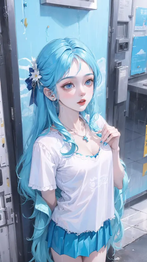 (masterpiece:1.4), (best quality:1.4), realistic, 1gril, solo, ((light blue hair)), hair ornament, long hair, blue eyes, collarbone, portrait, red lips, parted lips, (cleavage, pleated skirt), small breasts, blue nails, necklace, earrings, fashi-girl, looking at viewer, professional light, night, rain, outdoors,  <lora:fashionGirl_v50:1>