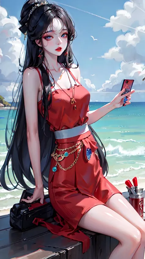 Ultra high definition, 4k, girl, solo, skin texture, sexy, beach,mature female, shiny eyes, red lips,looking at viewer,Rich Colors,Blue eye shadow,<lora:fashionGirl_v54:0.6>,(pureerosface_v1:0.4)