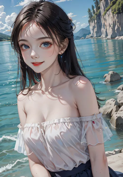 (masterpiece), best quality,1 girl,medium_breasts,slim body,beautiful detailed eyes,(smile:1.15),(closed mouth), black hair,blue eye,fashi-girl,red lips,makeup,realistic,<lora:fashigirl-lora-v5-128dim-20ep-novae:0.5>, <lora:ran:0.5>,PerfectNwsjMajic,<lora:nwsjmajic_11:0.5>,topless, open cloth,bandeau,A line skirt,off shoulder,see-through,nipples show through,dynic angle,water drop,in water,rock,sea,beach,small island,