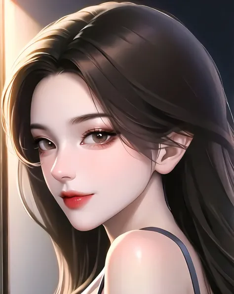 1girl, solo, brown hair, looking at viewer, brown eyes, looking back, long hair, lips, portrait, closed mouth, bare shoulders, light smile,from behind,shiny,shiny skin,milf,(mature female:1.2),<lora:fashigirl-v6-nai-5ep-resize:0.7>
