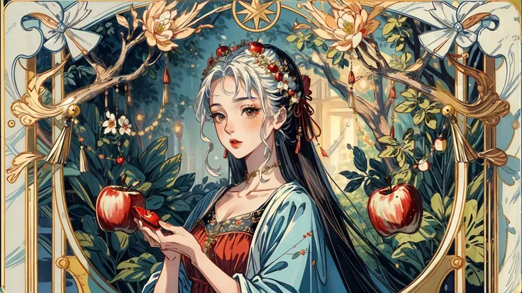 8k,masterpiece, best quality, 1girl, elegant, tarot, red apple, tree, garden, symbolism, decorative, ornate, sinful, detailed, <lora:add_detail:1>, <lora:animetarotV51:0.7>, <lora:fashigirl-v6-nai-5ep-resize:0.7>,