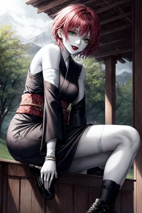 photo of 30 y.o beautiful woman, masterpiece, high quality, absurdres, mature woman, (extremely pale skin:1.5), pink hairs, very short hair , small breasts, green eyes, lipstick, crazy smile, crazy eyes, black pupils, vampire, red light , dominatrix, looking at viewer, on a bed, from below, sitting on a chair , ((black kimono, red obi, sleeveless, black footwear, bandaged leg, developed arms, muscular female, tomboy)), bracelets, body leaning forward, visible hands, hands with prominent veins ,veins visibly bulging through the skin, <lyco:GoodHands-beta2:1.0>, holding whip, outdoors, meadow background, 8k uhd, <lora:add_detail:1>, <lora:Lowra:0.4>, <lora:detailed_eye:0.3>, <lora:polyhedron_skinny_all:0.3>, <lora:fashigirl-v5.5-lora-naivae-64dim:0.3>