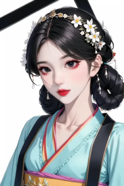1girl, black eyes, black hair, fashi-g, facial mark, flower, hair ornament, hair rings, kimono, makeup, sash, solo, upper body, white background <lora:fashionGirl_v52:0.7>,pureerosface_v1