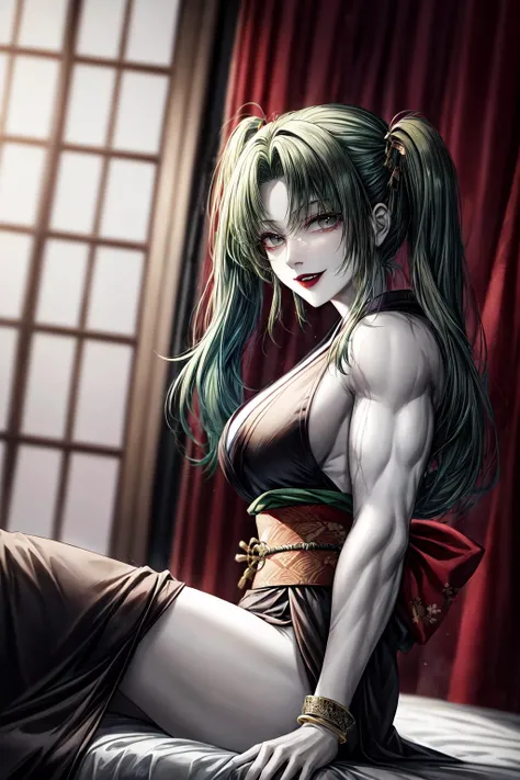 photo of 30 y.o beautiful woman, masterpiece, high quality, absurdres, mature woman, (extremely pale skin:1.5), green hairs, long hair , twintails, large breasts, grey eyes, lipstick, crazy smile, crazy eyes, black pupils, vampire, red light , dominatrix, looking at viewer, on a bed, from below, sitting on a chair , ((black kimono, red obi, muscular female, tomboy)), bracelets, body leaning forward, right hands resting on the knees, visible hands, hands with prominent veins ,veins visibly bulging through the skin, <lyco:GoodHands-beta2:1.0>, red room background , luxurious bed, 8k uhd, <lora:add_detail:1>, <lora:Lowra:0.4>, <lora:detailed_eye:0.3>, <lora:polyhedron_skinny_all:0.3>, <lora:fashigirl-v5.5-lora-naivae-64dim:0.3>