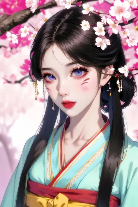 1girl, detailed eyes and skin, black hair, fashi-g, facial mark, flower, hair ornament, hair rings, kimono, makeup, sash, solo, upper body, cherry blossoms, shrine, <lora:fashionGirl_v52:0.7>,pureerosface_v1 <lora:beautifulDetailedEyes_v10:0.4>