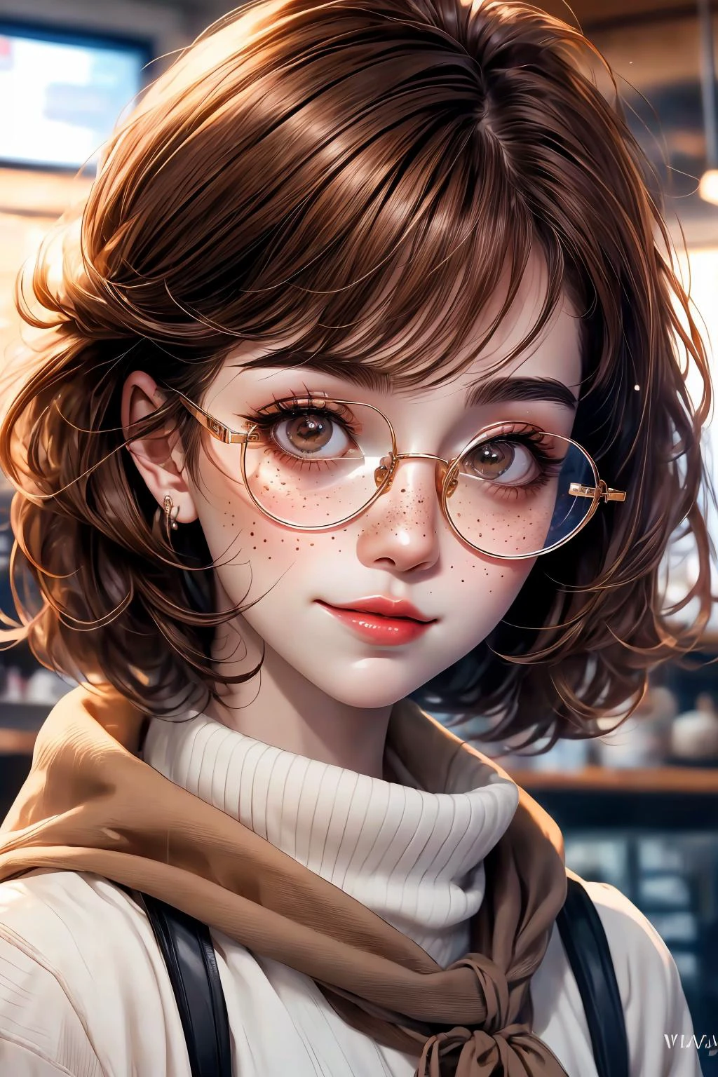 closeup, face, portrait, upper body,
freckles,
shy, blush,
(short brown hair:1.1),
(coffee shop:1.1),
(round glasses:1.2),
(brown eyes:1.4),
cozy, detailed eyes, winter sweater,
<lora:more_details:0.4>
<lora:Cosmic anime-oil fusion v2:0.45>
<lora:AnimeVibesV3:0.55> animevibes,
<lora:3DMM_V11:0.4> 3DMM
<lora:midjourney_20230624181825:0.65> midjourney
<lora:fashionGirl_v50:0.4> fashi-girl, red lips, makeup, realistic, shiny, shiny hair, shiny skin, shiny clothes