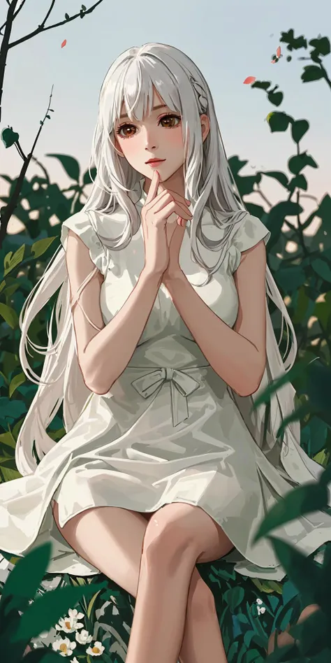 (masterpiece, best quality),1girl with long white hair sitting in a field of green plants and flowers, her hand under her chin, warm lighting, white dress, blurry foreground <lora:zltest:0.3> <lora:daili_v20:0.3> <lora:fashionGirl_v54:0.2>