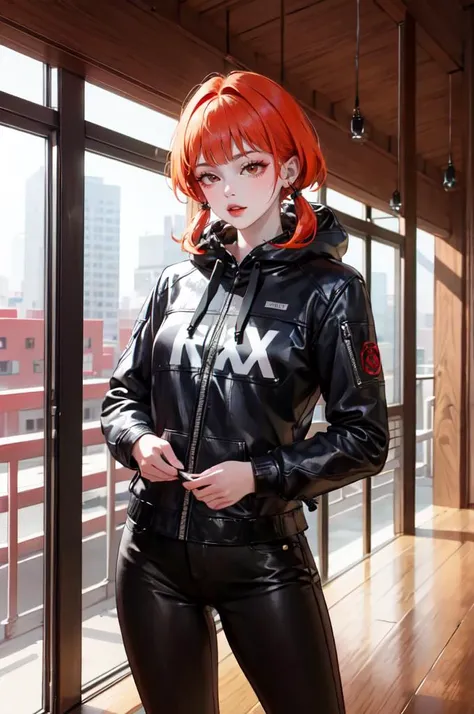 solo, cowboy shot, <lora:fashigirl-v7-lokr-7ep:0.8> realistic, absurdres, ultra detailed, masterpiece, best quality, aesthetic, detailed,, solo, 1girl, red hair, orange eyes, amber eyes, swept bangs, parted bangs, <lora:LowTwintailsHelper:1> low twintails,
short hair, medium hair, small breasts, <lora:Tsurime3:1>, (tsurime:1.2),, leggings, leather jacket, long shirt, combat boots, hoodie,