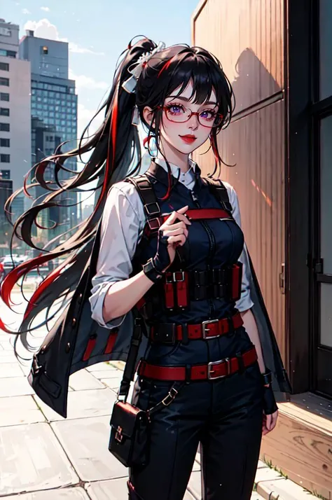 solo, cowboy shot, <lora:fashigirl-v7-lokr-7ep:0.8> realistic, absurdres, ultra detailed, masterpiece, best quality, aesthetic, detailed,, solo, smug smile, 1girl, purple eyes, red-framed eyewear, (black hair, red colored tips:1.2), red streaked hair, very long hair, side ponytail, tied hair, medium breasts,, <lora:StS-Coat-and-Jacket-On-Shoulders-Iteration2:0.7> dataset, jacket on shoulders, coat on shoulders, red dress, sleeves rolled up, fingerless gloves, holster, belt, multiple belts, combat boots, bulletproof vest, pants, black coat, tactical clothes,