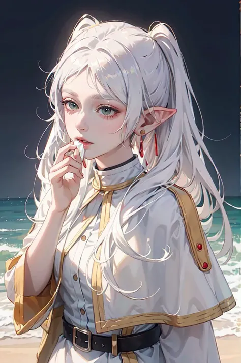 solo, cowboy shot, <lora:fashigirl-v7-lokr-7ep:0.8> realistic, <lora:Frieren:1> FrierenBase, twintails, earrings, white capelet, striped shirt, white skirt, long sleeves, belt, black pantyhose , white hair, expressionless, eating flower, wagashi,, absurdres, ultra detailed, masterpiece, best quality, aesthetic, detailed,