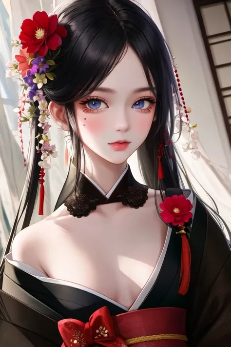 masterpiece,best quality,absurdres,original,extremely delicate and beautiful,beautiful detailed eyes and face,1girl, black_hair, flower, japanese_clothes, looking_at_viewer, mole, red_flower, solo,(masterpiece:1.4),(best quality:1.4)