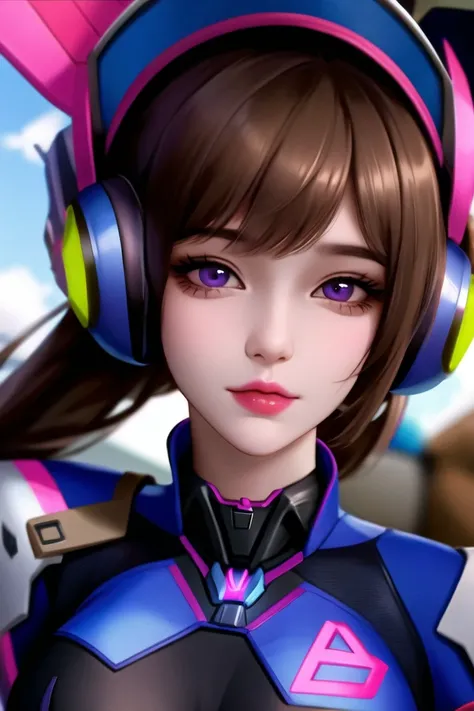 1girl, alternate eye color, bangs, blonde hair, blue sky, blurry, bodysuit, breasts, brown hair, closed mouth, cloud, d.va \(overwatch\), day, eyelashes, headphones, high collar, lips, long hair, looking at viewer, makeup, medium breasts, nose, pilot suit, pink eyes, pink lips, portrait, shoulder pads, skin tight, sky, solo, swept bangs, upper body,(shiny skin),(masterpiece:1.4),(best quality:1.4)