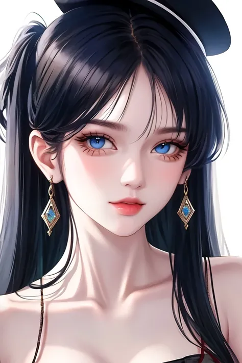 1girl, black hair, blue eyes, closed mouth, collarbone, earrings, jewelry, lips, long hair, looking at viewer, parted bangs, portrait, simple background, solo, white background,(masterpiece:1.4),(best quality:1.4),(shiny skin)