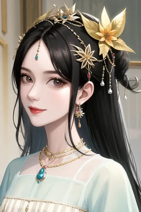 1girl, black hair, closed mouth, earrings, flower, hair ornament, jewelry, long hair, looking at viewer, necklace, portrait, smile, solo, upper body,(shiny skin),(masterpiece:1.4),(best quality:1.4)