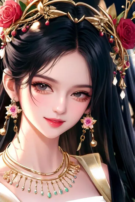 1girl, black hair, closed mouth, earrings, flower, hair ornament, jewelry, long hair, looking at viewer, necklace, portrait, smile, solo, upper body,(shiny skin),(masterpiece:1.4),(best quality:1.4) <lora:fashionGirl_v26:1>