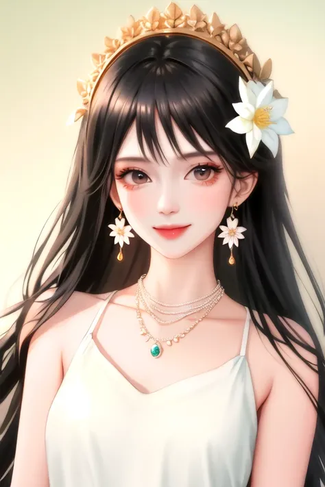 1girl, black hair, closed mouth, earrings, flower, hair ornament, jewelry, long hair, looking at viewer, necklace, smile, solo, upper body,(shiny skin),(masterpiece:1.4),(best quality:1.4) <lora:fashionGirl_v30:1>